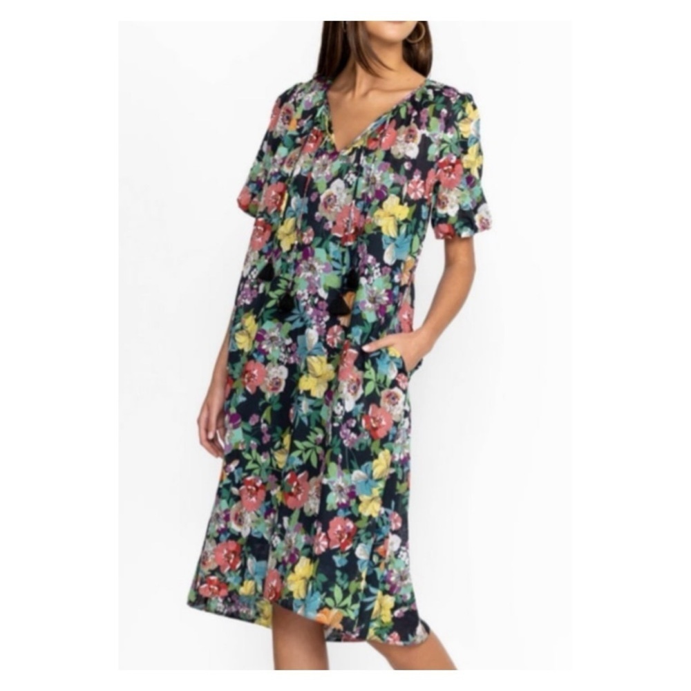NWT Johnny Was Zahava Tie Neck Midi Dress Floral Tassel Size Small S